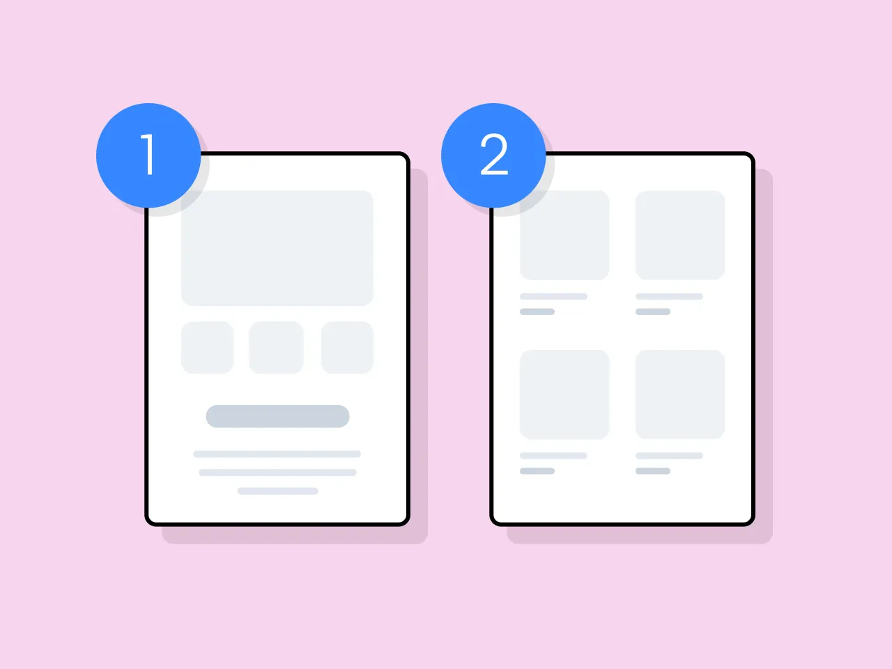 Comparaison de deux mises en page avec des pastilles numérotées "1" et "2", sur fond rose, illustrant un choix ou une alternative entre deux designs.